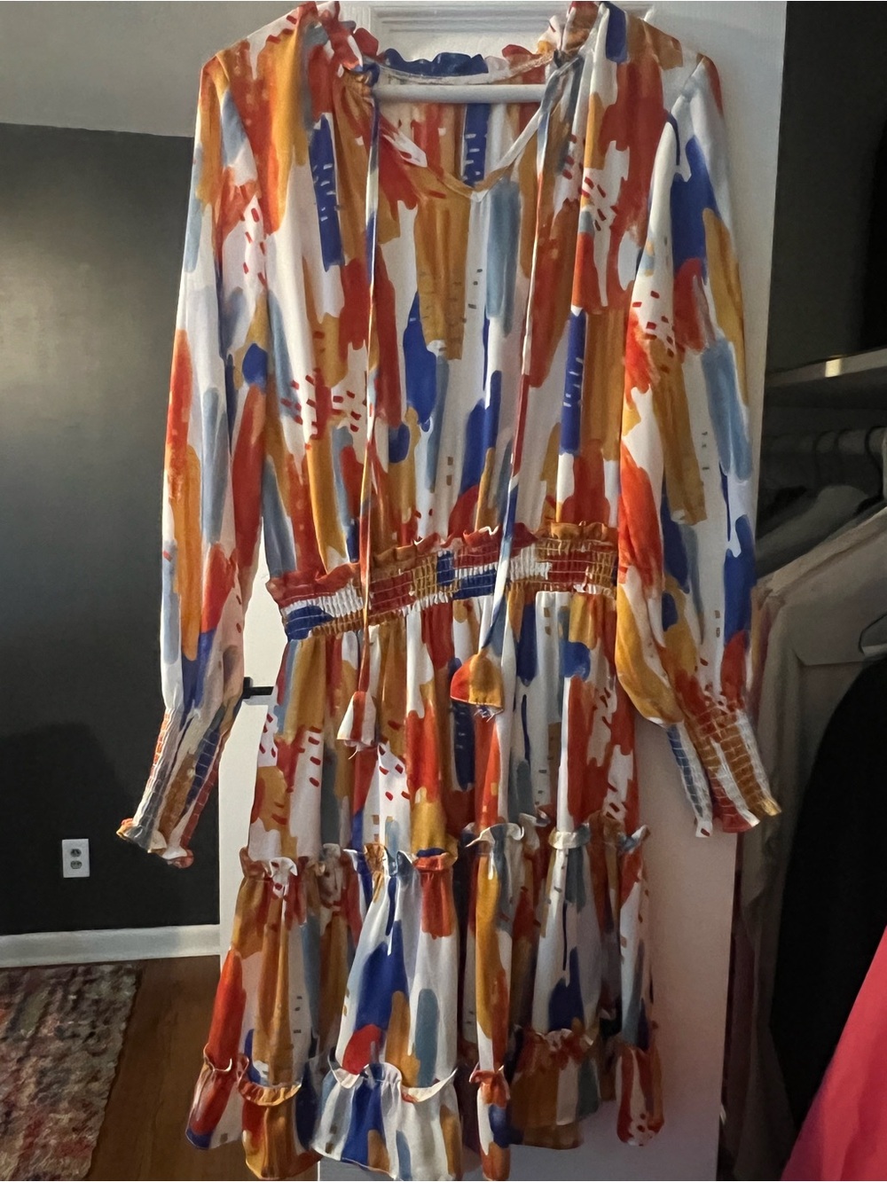 Abstract Brushstroke Tiered Long-Sleeve Dress in Multi-Color